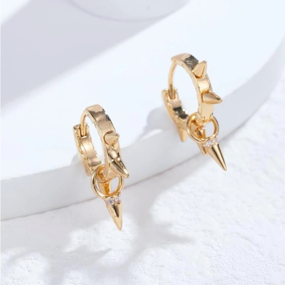 Elegantly Edgy Dainty Gold Dangle Spike Huggie Hoop Earrings - Picture 5 of 8